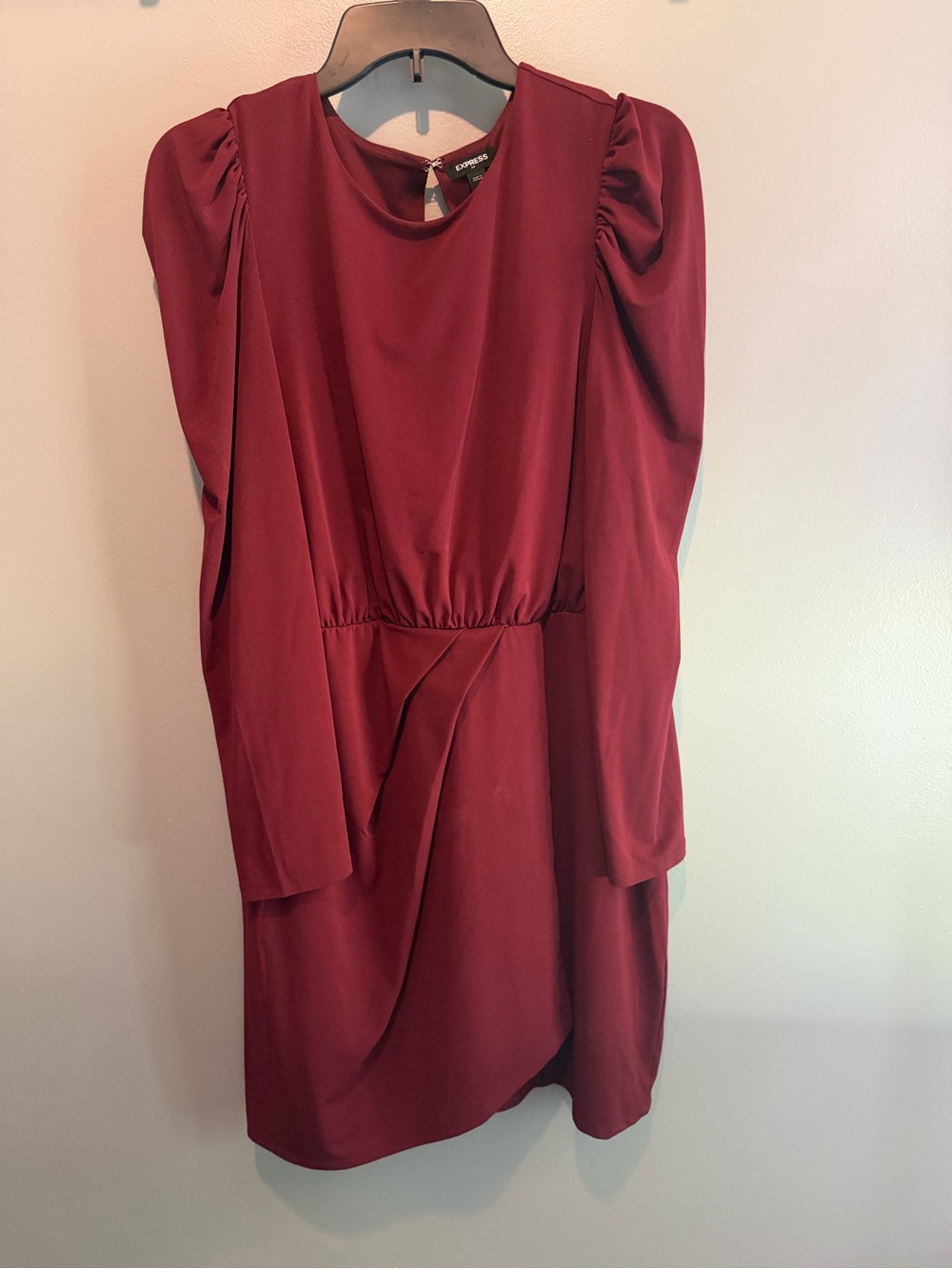 Express Wine Long-Sleeve Puff-Shoulder Dress